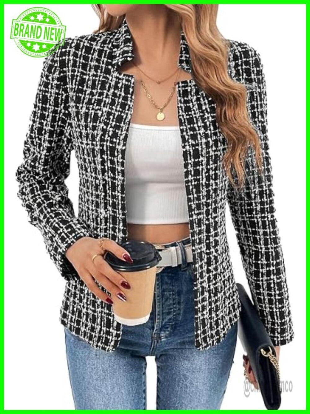 Women's Open Front Tweed Blazer - Lightweight Plaid Stand Collar Lined Blazer